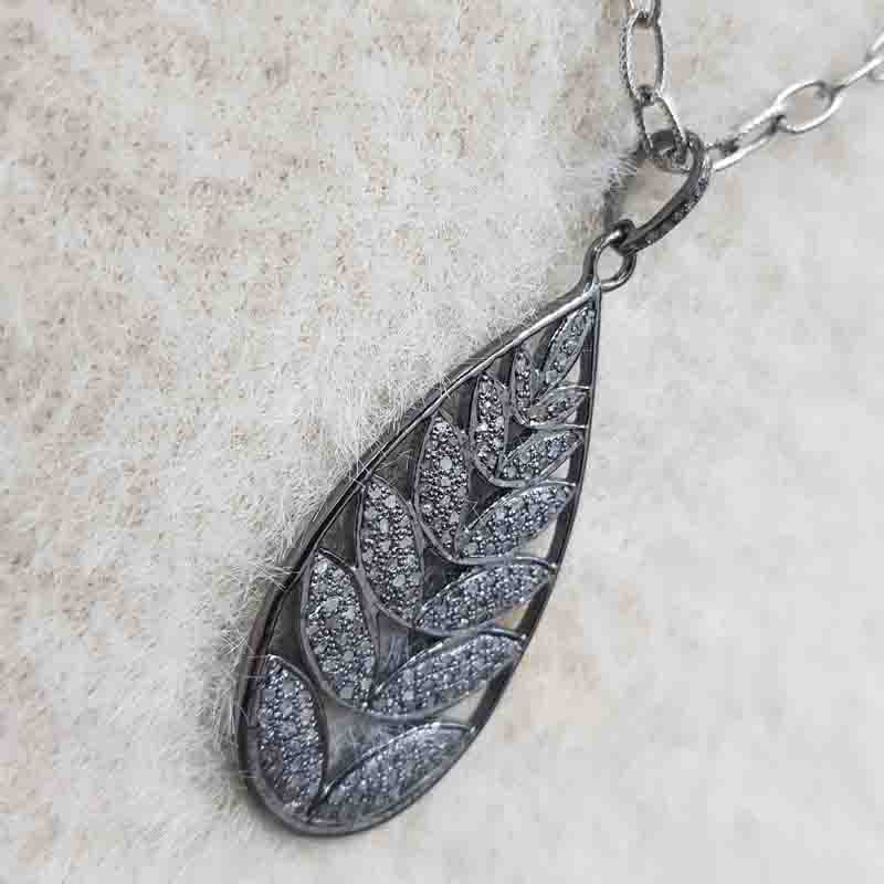 925 Sterling Silver Fancy Designer Leaf Style Pave Diamond Pendant, Stylish Leaf Necklace, Silver Jewelry