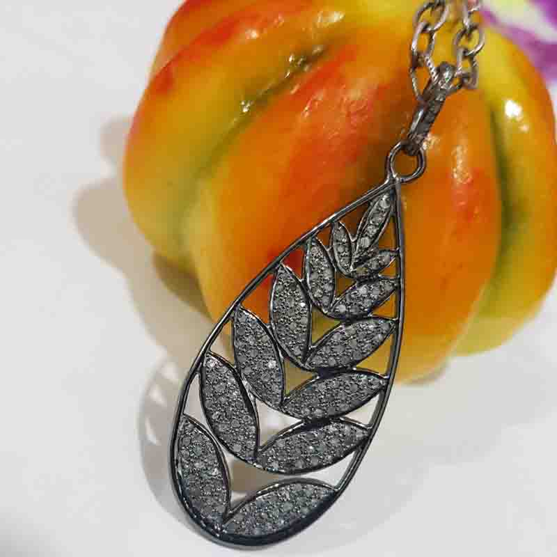 925 Sterling Silver Fancy Designer Leaf Style Pave Diamond Pendant, Stylish Leaf Necklace, Silver Jewelry