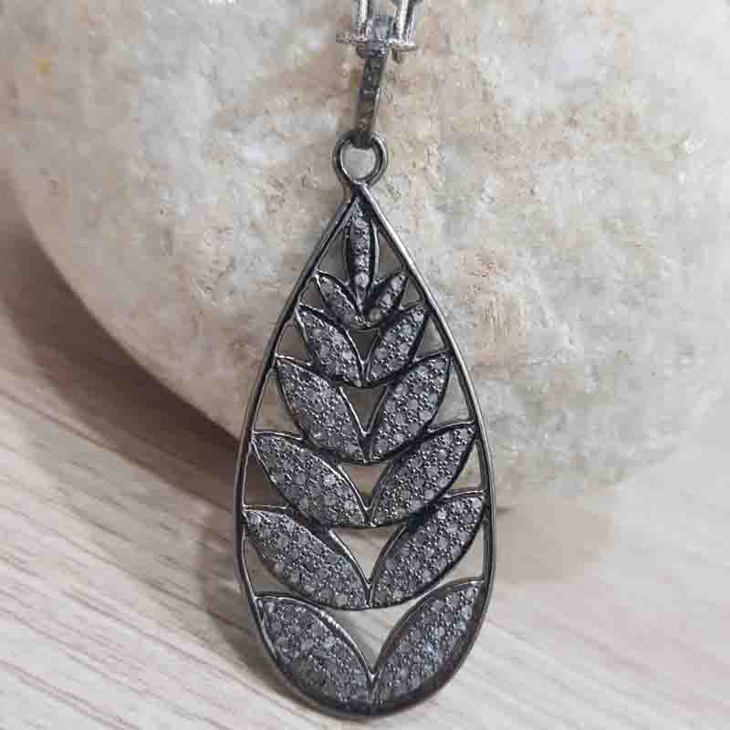 925 Sterling Silver Fancy Designer Leaf Style Pave Diamond Pendant, Stylish Leaf Necklace, Silver Jewelry