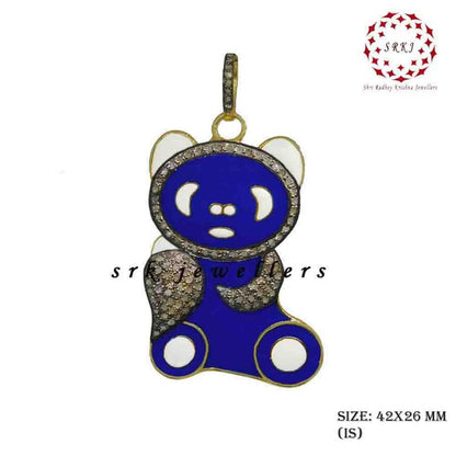 Lovely Teddy Bear Designed Pave Diamond With Enamel Pendant, Teddy Bear Necklace, Gift For Someone