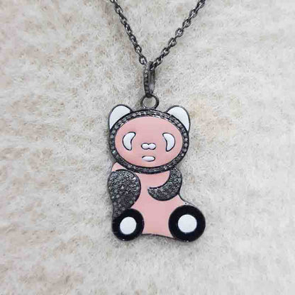 Lovely Teddy Bear Designed Pave Diamond With Enamel Pendant, Teddy Bear Necklace, Gift For Someone