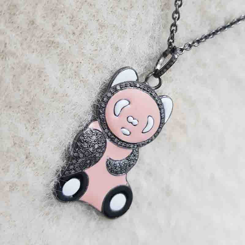 Lovely Teddy Bear Designed Pave Diamond With Enamel Pendant, Teddy Bear Necklace, Gift For Someone