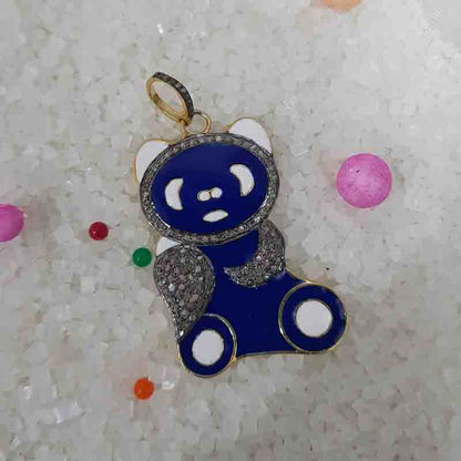 Lovely Teddy Bear Designed Pave Diamond With Enamel Pendant, Teddy Bear Necklace, Gift For Someone