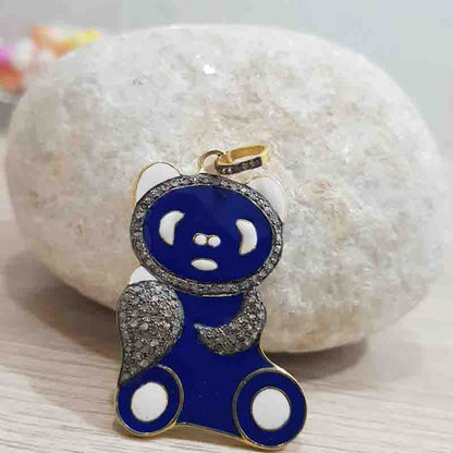 Lovely Teddy Bear Designed Pave Diamond With Enamel Pendant, Teddy Bear Necklace, Gift For Someone