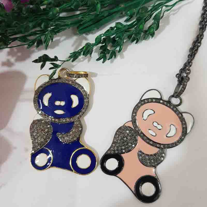 Lovely Teddy Bear Designed Pave Diamond With Enamel Pendant, Teddy Bear Necklace, Gift For Someone