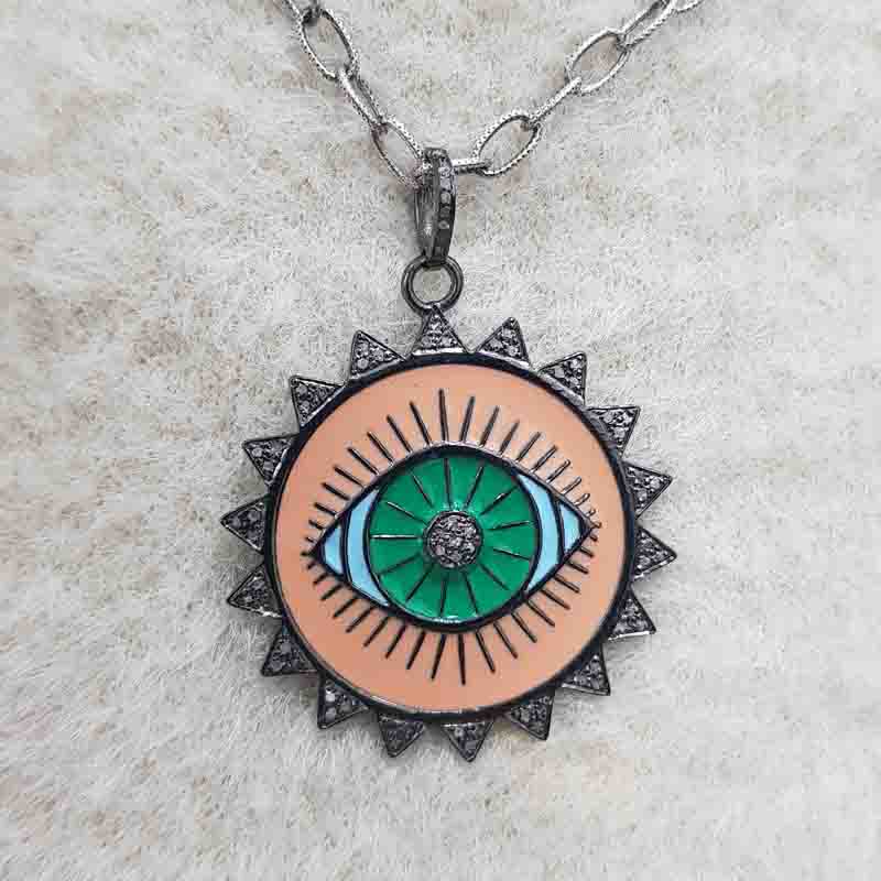 Fancy Designer 925 Sterling Silver Evil Eye Designed pendant, Enamel Design Necklace, Silver Jewelry