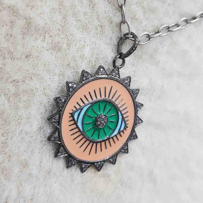 Fancy Designer 925 Sterling Silver Evil Eye Designed pendant, Enamel Design Necklace, Silver Jewelry