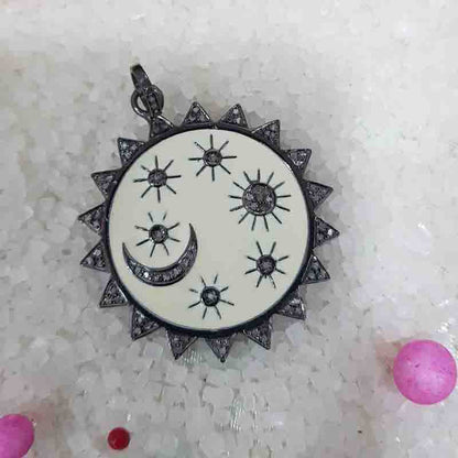 Fancy Designer Round Sunburst Pave Diamond 925 Sterling Silver Enamel Pendant, Silver Jewelry