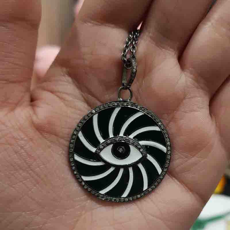 Beautiful Enamel Round Disk And Evil Eye Pendent With pave Diamond Layers, Gift For Favorite One, Silver Jewelry