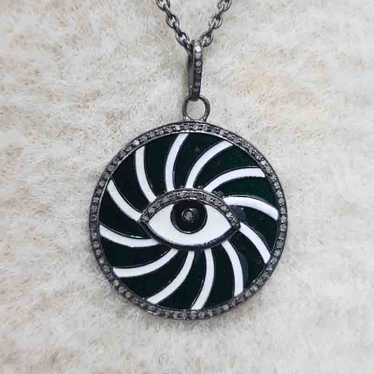 Beautiful Enamel Round Disk And Evil Eye Pendent With pave Diamond Layers, Gift For Favorite One, Silver Jewelry