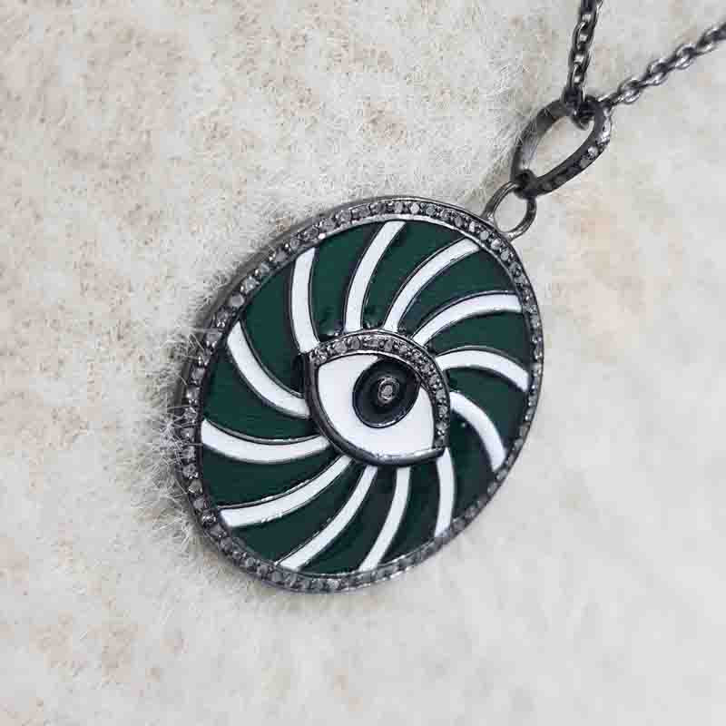 Beautiful Enamel Round Disk And Evil Eye Pendent With pave Diamond Layers, Gift For Favorite One, Silver Jewelry