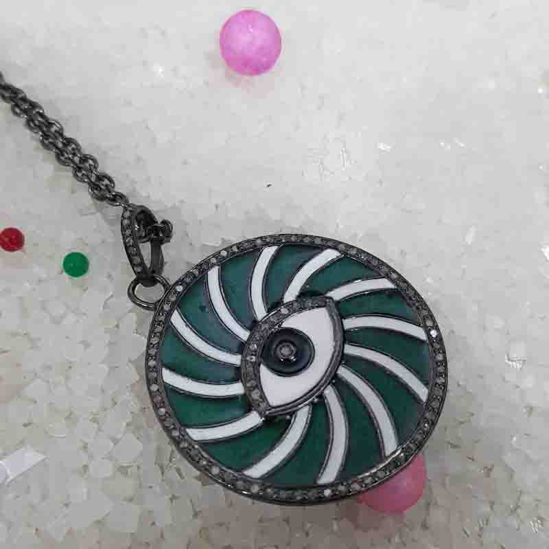 Beautiful Enamel Round Disk And Evil Eye Pendent With pave Diamond Layers, Gift For Favorite One, Silver Jewelry