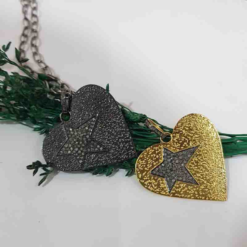 Gorgeous Heart Pendant With Pave Diamond Star, Heart Stylish Necklace, Silver Jewelry