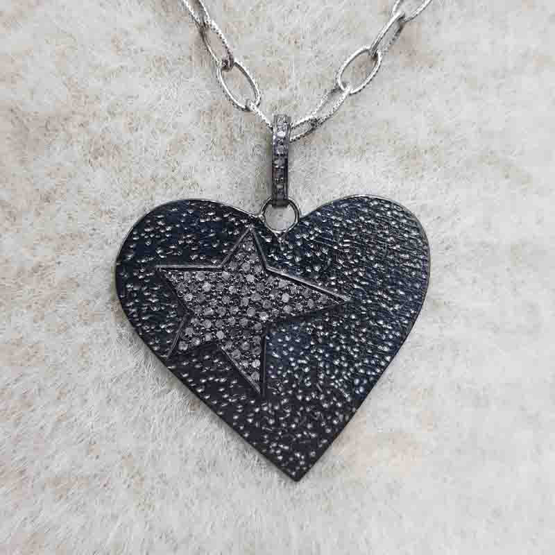 Gorgeous Heart Pendant With Pave Diamond Star, Heart Stylish Necklace, Silver Jewelry