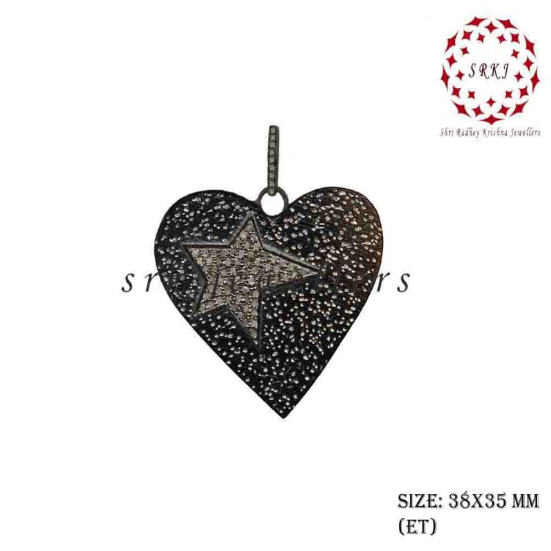 Gorgeous Heart Pendant With Pave Diamond Star, Heart Stylish Necklace, Silver Jewelry