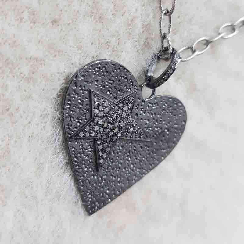 Gorgeous Heart Pendant With Pave Diamond Star, Heart Stylish Necklace, Silver Jewelry