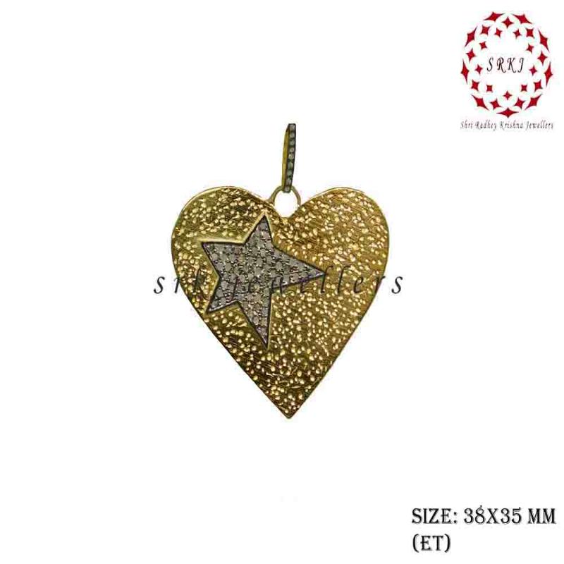 Gorgeous Heart Pendant With Pave Diamond Star, Heart Stylish Necklace, Silver Jewelry