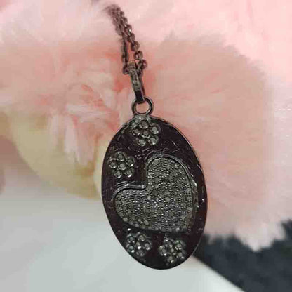 Beautiful Oval Shaped With Pave Heart And Flower Pendant, Stunning Oval Shape Necklace, Gift For Her