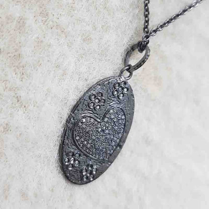 Beautiful Oval Shaped With Pave Heart And Flower Pendant, Stunning Oval Shape Necklace, Gift For Her