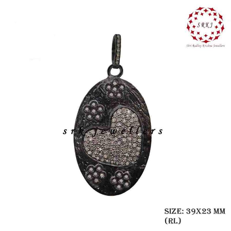 Beautiful Oval Shaped With Pave Heart And Flower Pendant, Stunning Oval Shape Necklace, Gift For Her