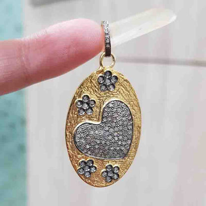 Beautiful Oval Shaped With Pave Heart And Flower Pendant, Stunning Oval Shape Necklace, Gift For Her