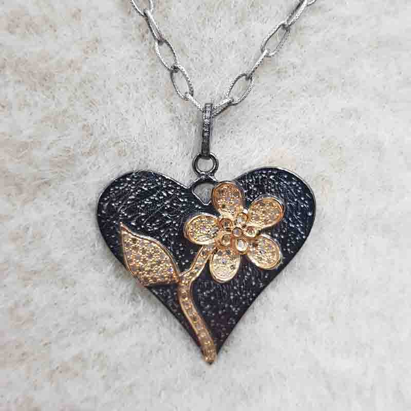 Unique Heart Designer Pave Diamond 925 Sterling Silver Pendant, Flower heart Necklace, Gift For Lover