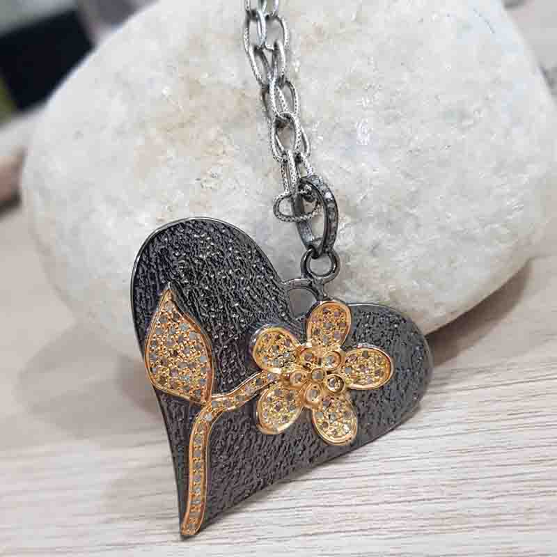 Unique Heart Designer Pave Diamond 925 Sterling Silver Pendant, Flower heart Necklace, Gift For Lover