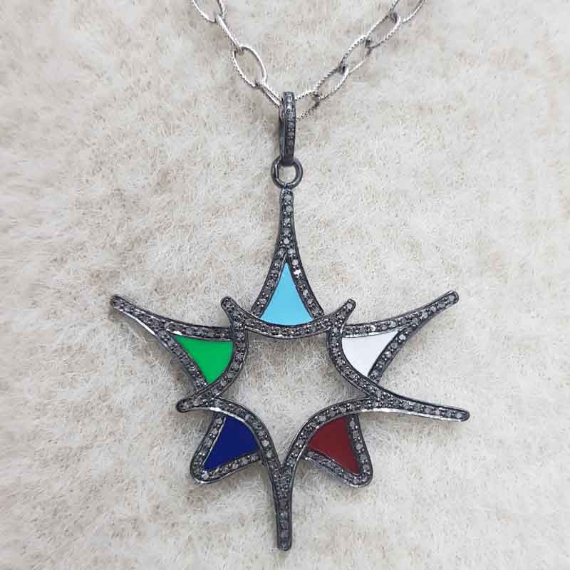 Multi Color Enamel Fancy designer pave Diamond Sterling Silver pendant, Stylish Fancy Necklace, Silver Jewelry