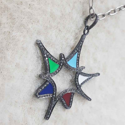 Multi Color Enamel Fancy designer pave Diamond Sterling Silver pendant, Stylish Fancy Necklace, Silver Jewelry