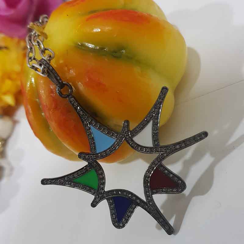 Multi Color Enamel Fancy designer pave Diamond Sterling Silver pendant, Stylish Fancy Necklace, Silver Jewelry