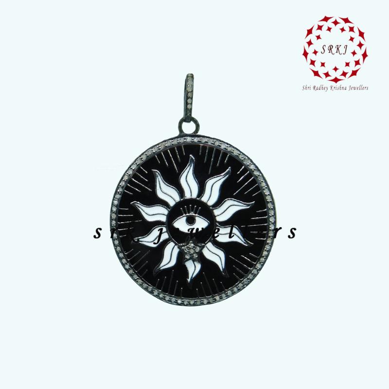 Round Designer Black Enamel Evil Eye With Sunburst Pendant, Stunning Sunburst Necklace