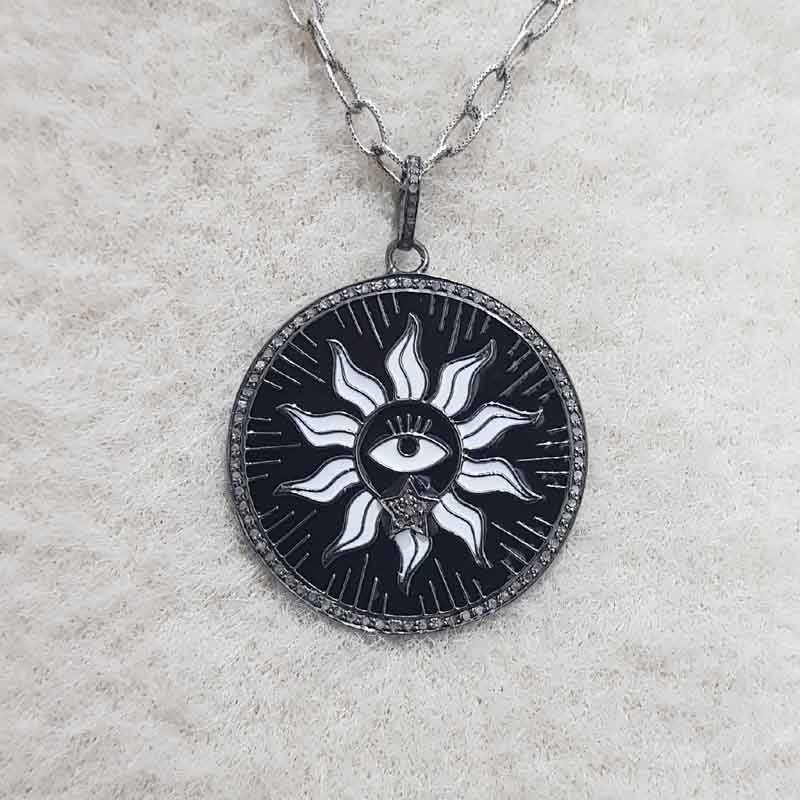 Round Designer Black Enamel Evil Eye With Sunburst Pendant, Stunning Sunburst Necklace