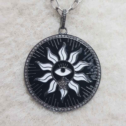 Round Designer Black Enamel Evil Eye With Sunburst Pendant, Stunning Sunburst Necklace