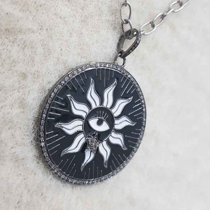 Round Designer Black Enamel Evil Eye With Sunburst Pendant, Stunning Sunburst Necklace