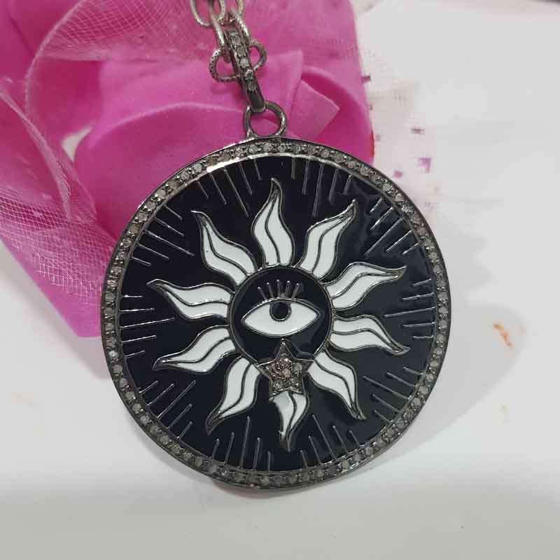 Round Designer Black Enamel Evil Eye With Sunburst Pendant, Stunning Sunburst Necklace