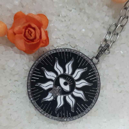 Round Designer Black Enamel Evil Eye With Sunburst Pendant, Stunning Sunburst Necklace