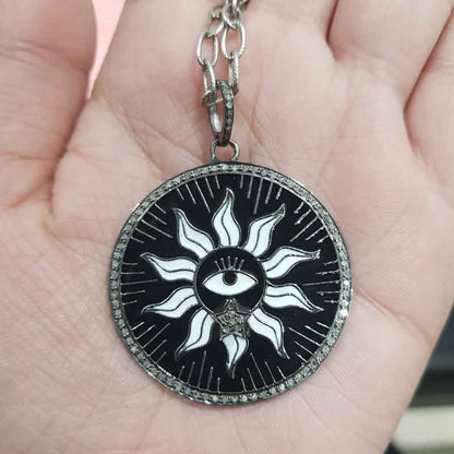 Round Designer Black Enamel Evil Eye With Sunburst Pendant, Stunning Sunburst Necklace