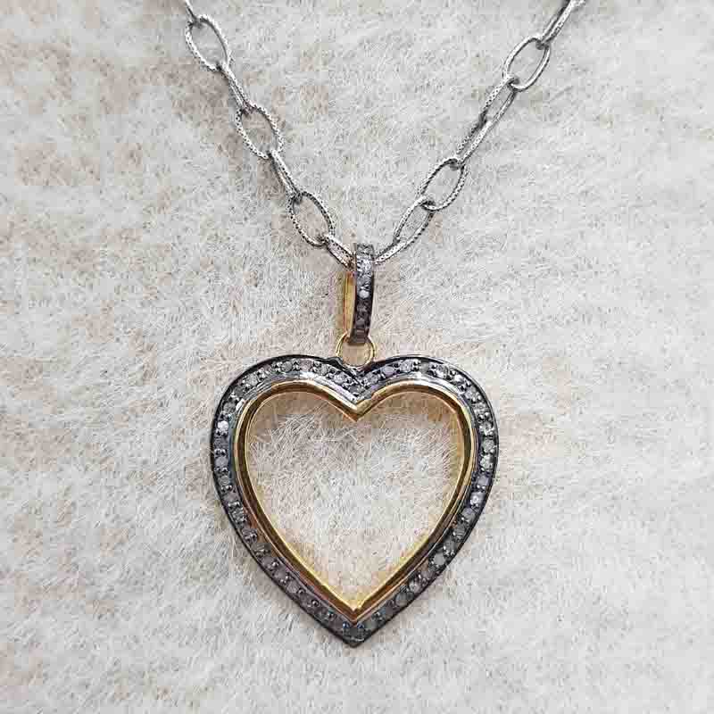 Open Heart Pave Diamond Layers Pendant, Classic Heart necklace, Silver Jewelry