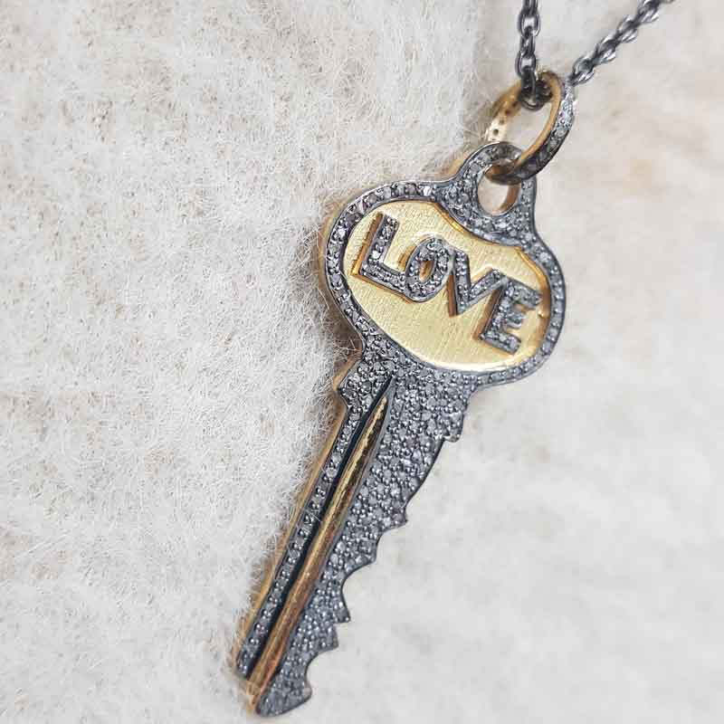 Stunning Love Designer Pave Diamond key pendant, Stylish key necklace, Gift For Lovers