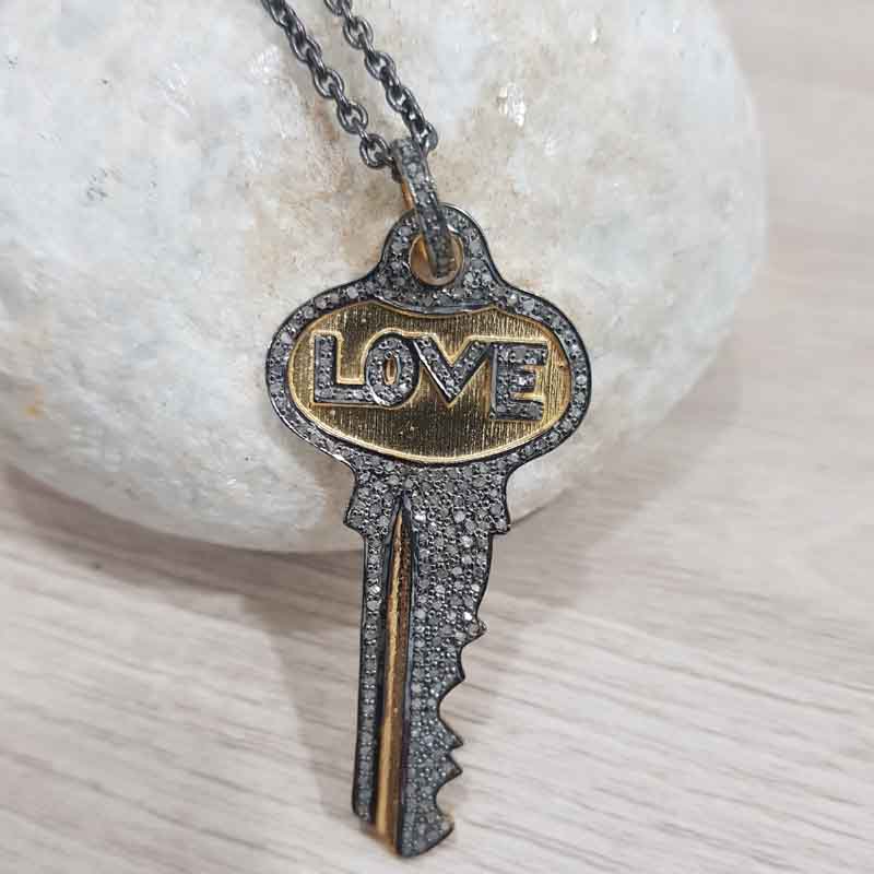 Stunning Love Designer Pave Diamond key pendant, Stylish key necklace, Gift For Lovers