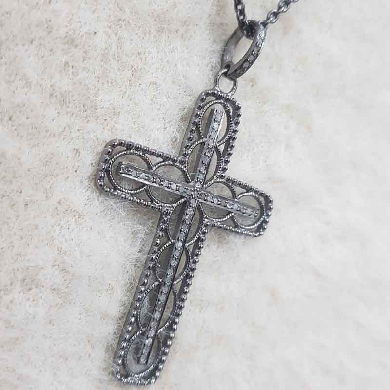 Attractive Pave Diamond Handmade Designer Cross Pendant, Double Cross Design Necklace, Gift For Her, Him