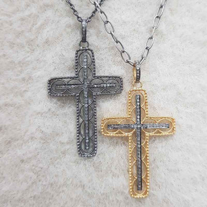 Attractive Pave Diamond Handmade Designer Cross Pendant, Double Cross Design Necklace, Gift For Her, Him