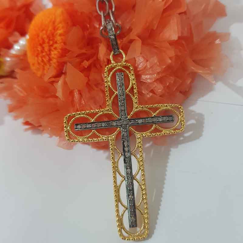 Attractive Pave Diamond Handmade Designer Cross Pendant, Double Cross Design Necklace, Gift For Her, Him