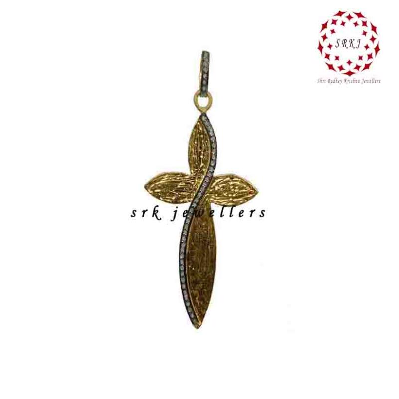 Unique Leaf design Cross Pendant Handmade Designer Pave Diamond Cross Pendant, Christmas Day Gift