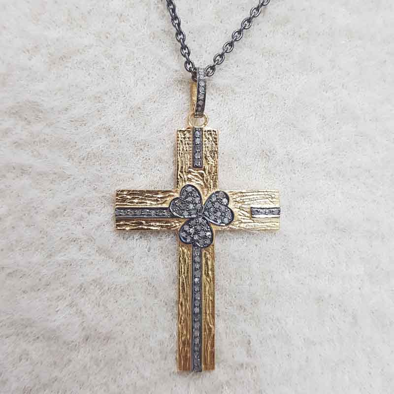 Cross Pendant With Pave Diamond Layers, Cross With Small Flower Pendant, Silver Jewelry