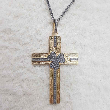 Cross Pendant With Pave Diamond Layers, Cross With Small Flower Pendant, Silver Jewelry