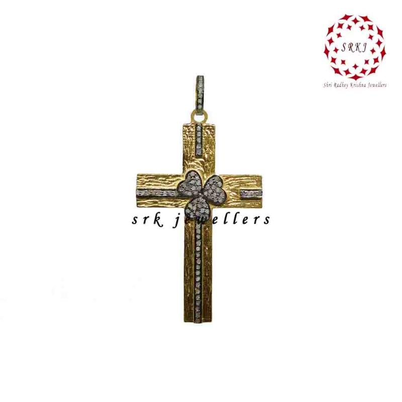 Cross Pendant With Pave Diamond Layers, Cross With Small Flower Pendant, Silver Jewelry