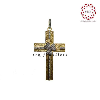 Cross Pendant With Pave Diamond Layers, Cross With Small Flower Pendant, Silver Jewelry