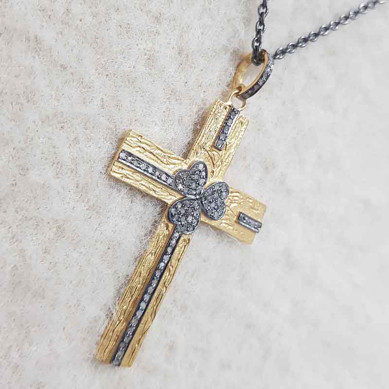 Cross Pendant With Pave Diamond Layers, Cross With Small Flower Pendant, Silver Jewelry