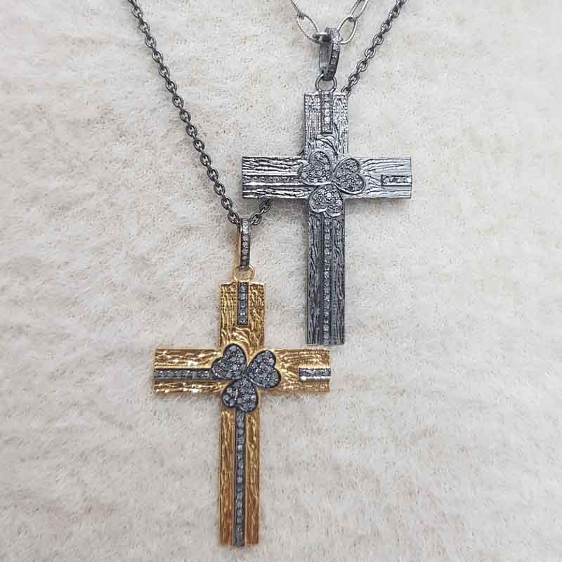 Cross Pendant With Pave Diamond Layers, Cross With Small Flower Pendant, Silver Jewelry